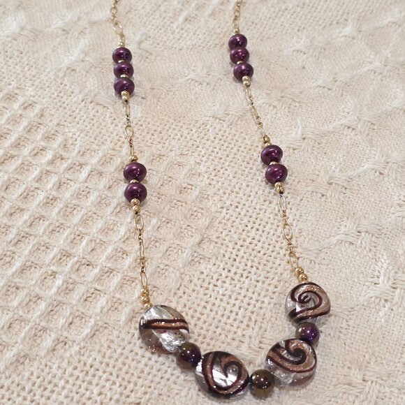 Vintage Murano Peacock Crimson Glass Pearl Amethyst Cat Eye Bead 14k/20 Necklace - Picture 11 of 16